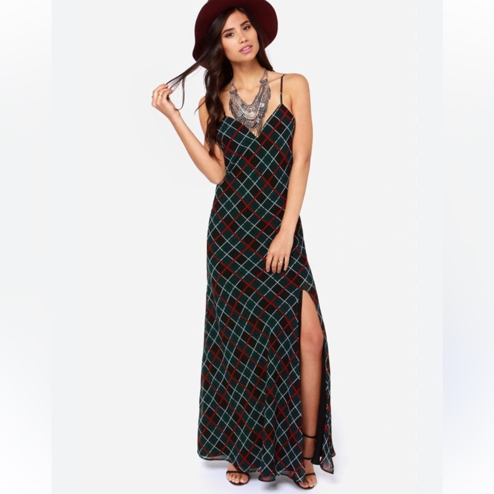 Lovers + Friends Maybe Tomorrow Plaid front side slit Maxi Dress